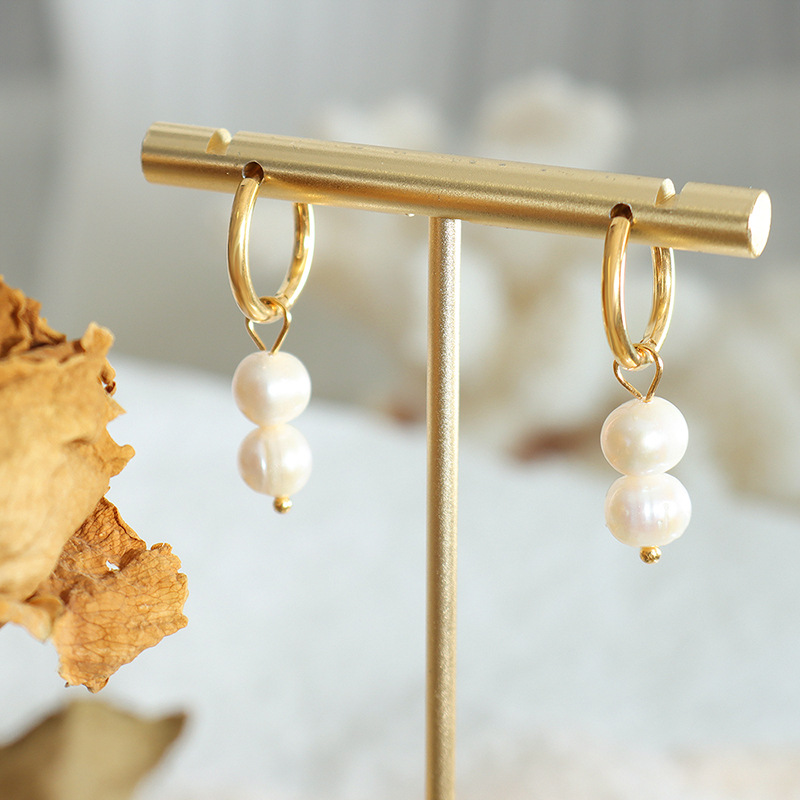 European Fashion INS Style Geometric U-Shaped Freshwater Pearl Pendant Earrings Titanium Steel 18K PVD Gold Plated Jewelry - Image 2