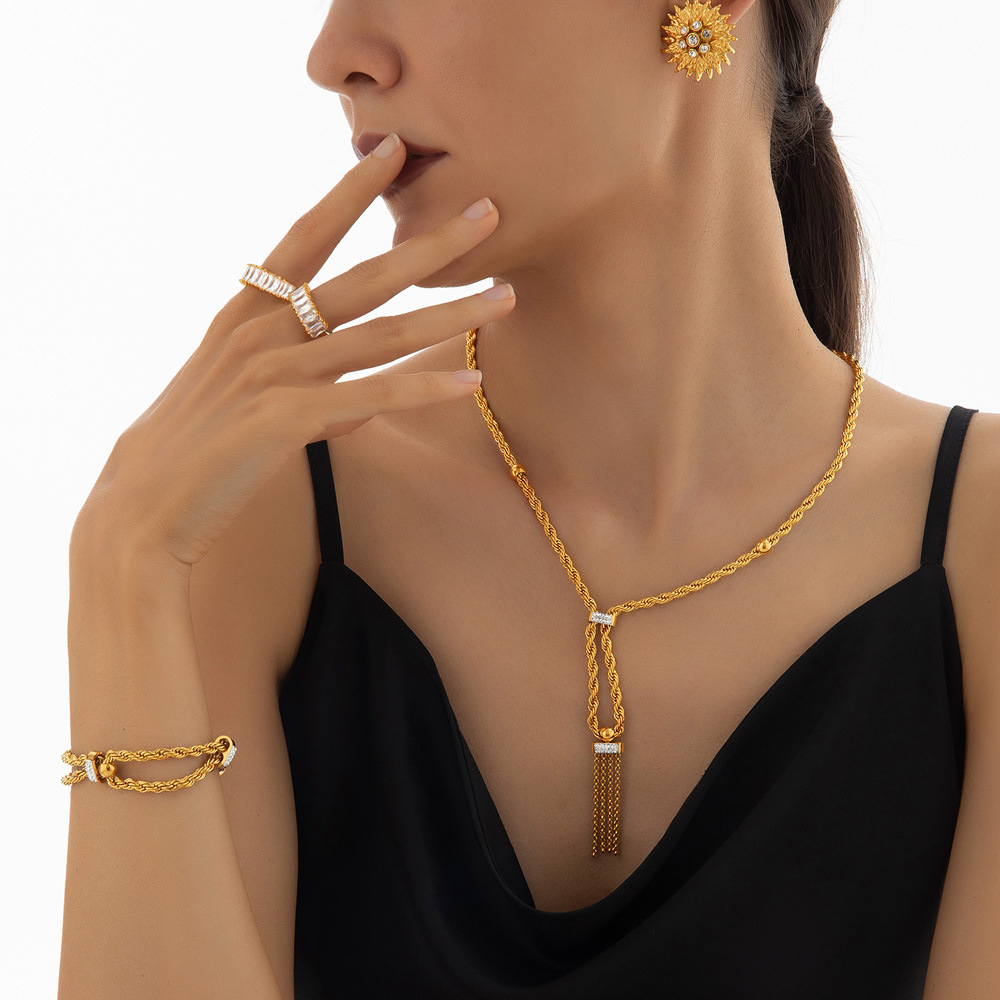 Minimalist Geometric Double Layer Braided Chain Earrings Titanium Steel 18K PVD Gold Plated Jewelry Set for Women - Image 4
