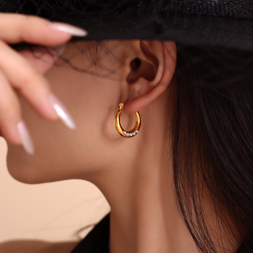 INS Style Geometric Pearl Imitation Open Hoop Earrings Titanium Steel 18K PVD Gold Plated Elegant Luxurious Non-Fade Earrings - Image 2