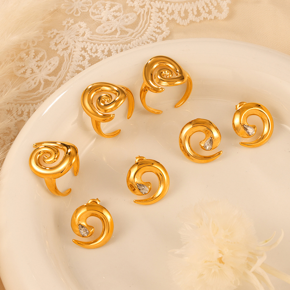 Japanese and Korean Style Unique Spiral Twisted Design Jewelry Minimalist CZ Inlaid Luxurious Titanium Steel Jewelry Set - Image 2