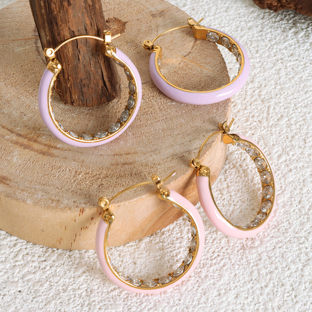 Bold Retro Colorful Enamel Titanium Steel Earrings with Zircon Inlay 18K PVD Gold Plated for Women - Image 2