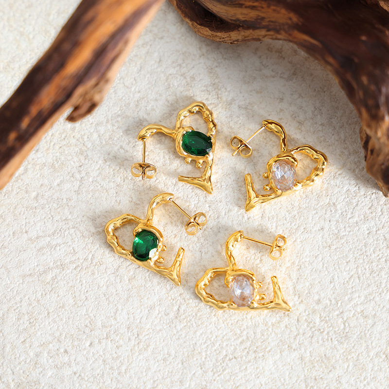 Bold Heart Shaped Earrings with Zircon Inlay Titanium Steel 18K PVD Gold Plated Creative Jewelry for Women - Image 2