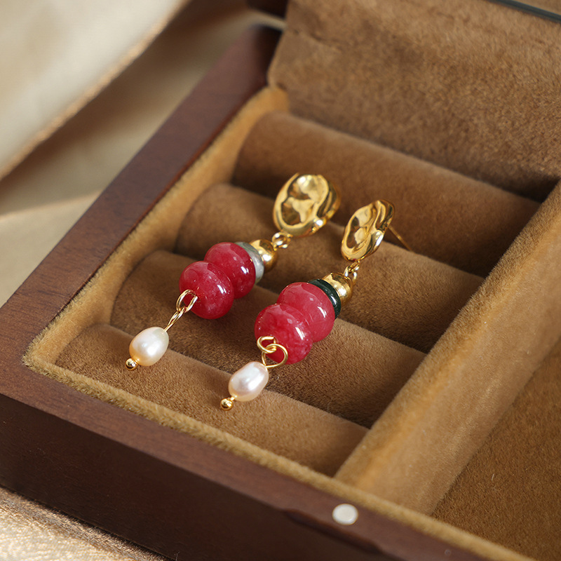 European and American Vintage Luxury Natural Stone Handmade Beaded Long Freshwater Pearl Pendant Earrings for Women - Image 2