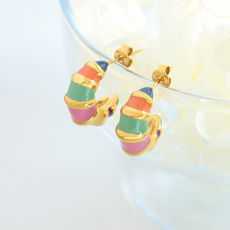 Retro European Style Non-Fading Colorful C-Shape Earrings with Enamel Inlay and Drip Oil Design Titanium Steel Studs - Image 2