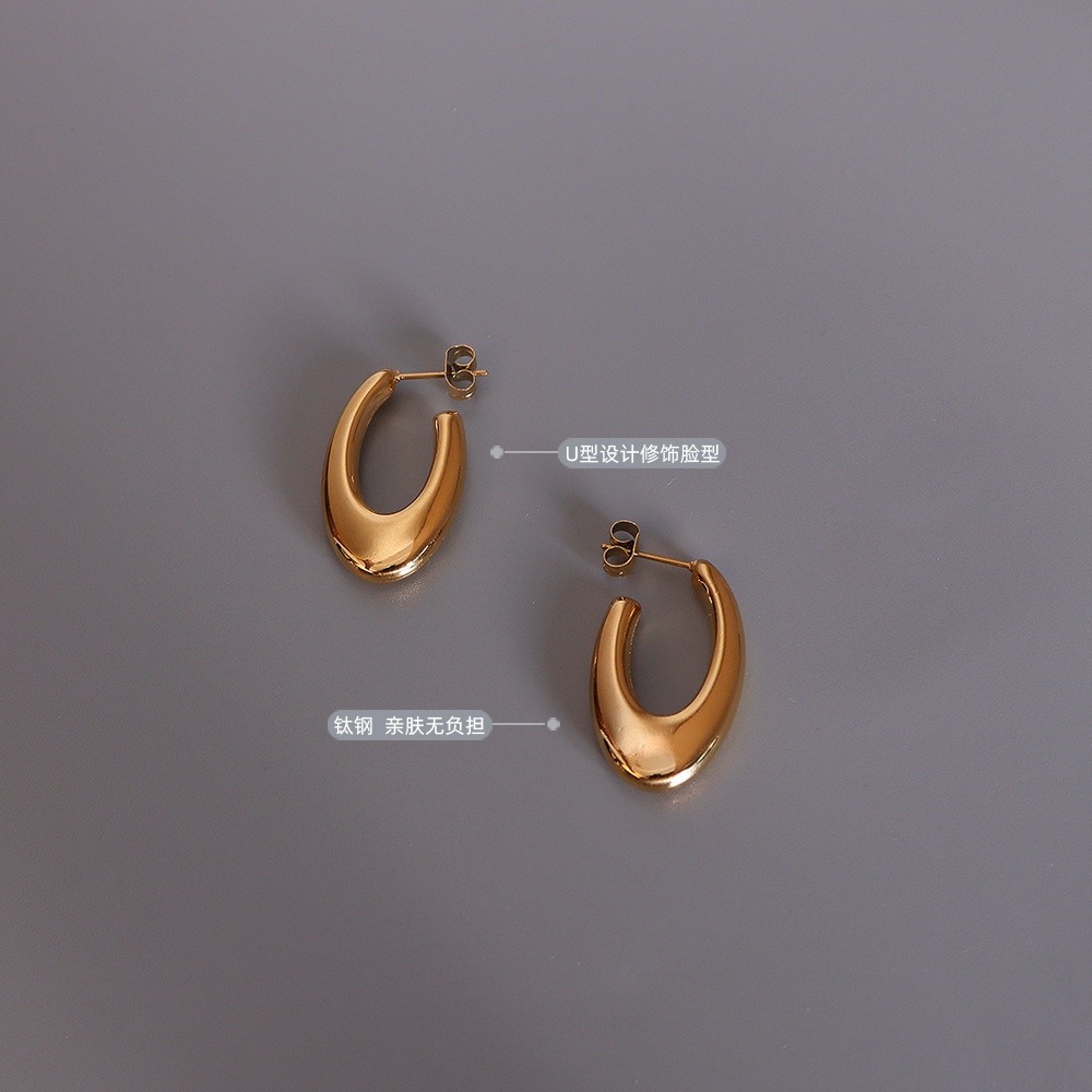 French Style Geometric Oval U-Shape Earrings Titanium Steel 18K PVD Gold Plated INS Style F453 - Image 2