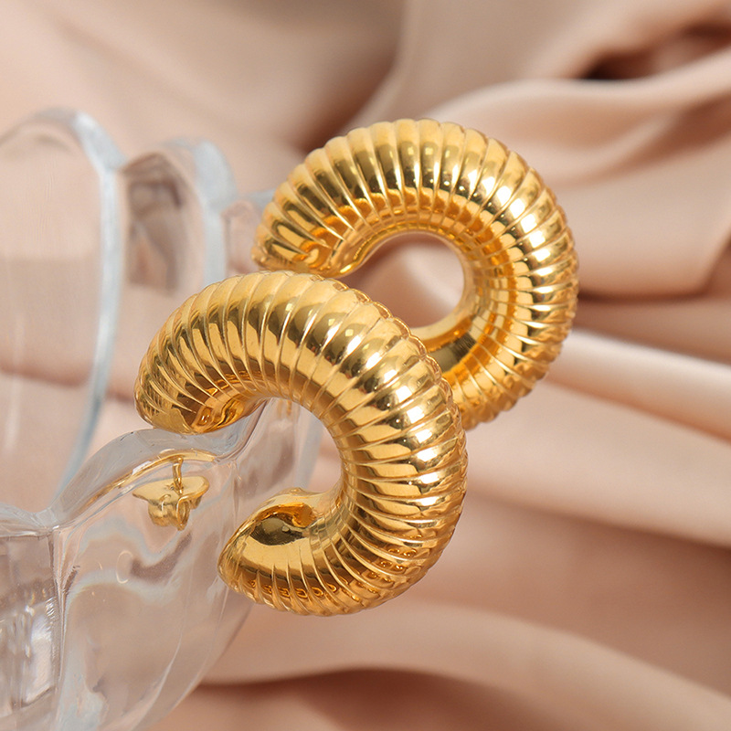 European New Fashion Unique High-End Titanium Steel Gold-Plated Geometric Earrings with Textured Design for Women - Image 2