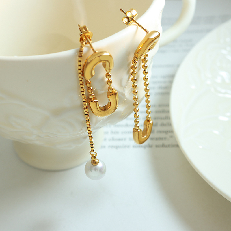 Korean Unbalanced Exaggerated Design Titanium Steel 18K PVD Gold Plated Tassel Imitation Pearl Pendant Brooch Earrings - Image 2