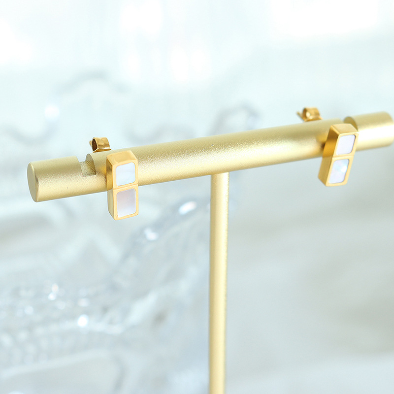 Unique Small Square White Shell Earrings Ins Style Fashionable and Versatile Titanium Steel 18K PVD Gold Plated Ear Studs - Image 2