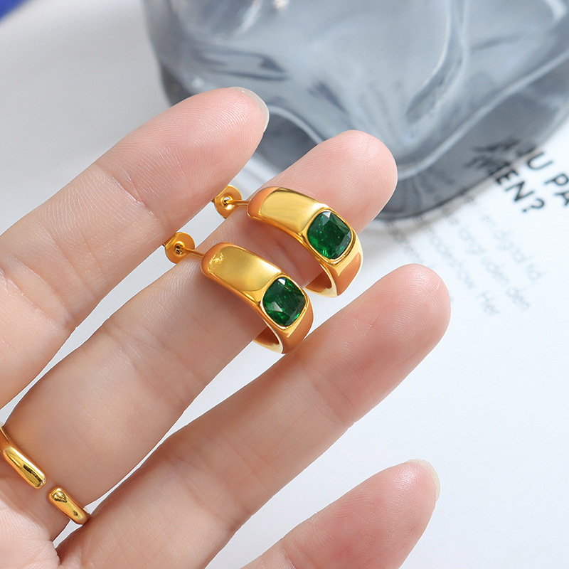 Unique C-Shaped Earrings with Green Zircon Inlay Titanium Steel 18K PVD Gold Plated Elegant Fashionable Jewelry for Women - Image 2