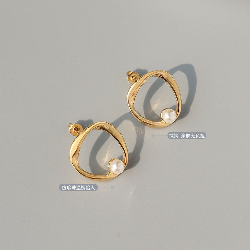 Korean Ins Style Irregular Geometric Imitation Pearl Earrings Titanium Steel 18K PVD Gold Plated Jewelry for Women - Image 2