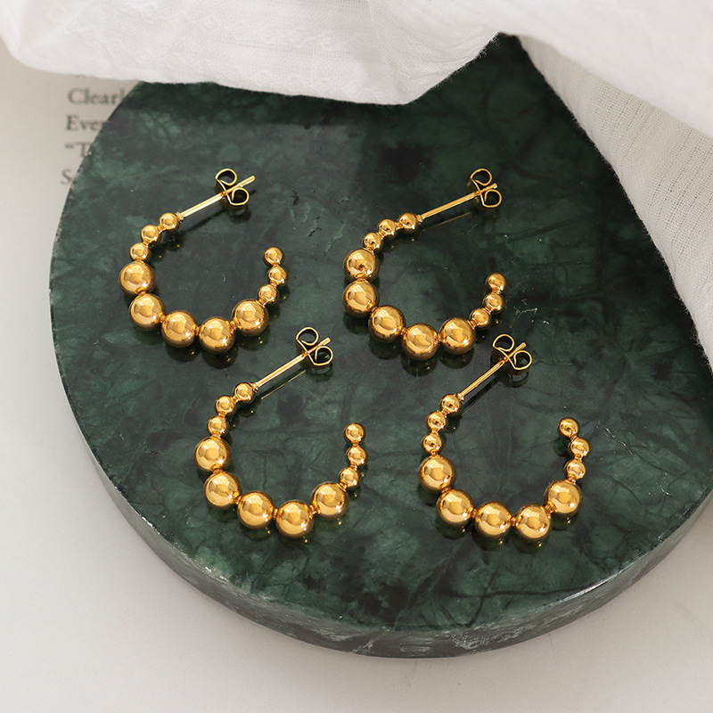 European Ins Style Trendy Titanium Steel 18K PVD Gold Plated Bead C-Shaped Earrings Unique and Elegant Design for Women - Image 2