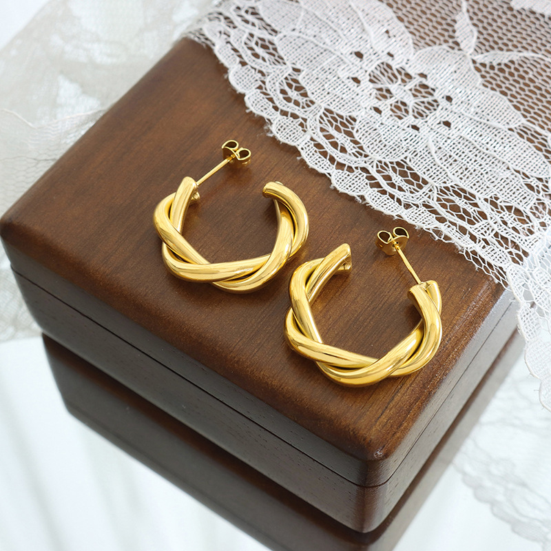 European Twisted Knot C-Shape Earrings 18k PVD Gold Plated Stainless Steel Minimalist Jewelry for Women - Image 2