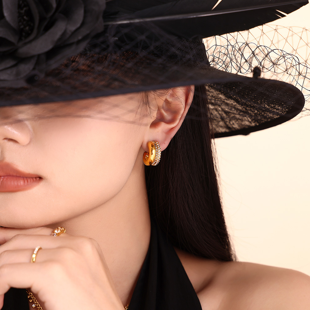 Crescent Double C Hoop Earrings Stainless Steel 18k PVD Gold Plated Minimal Non Tarnish Retro Women Jewelry - Image 2