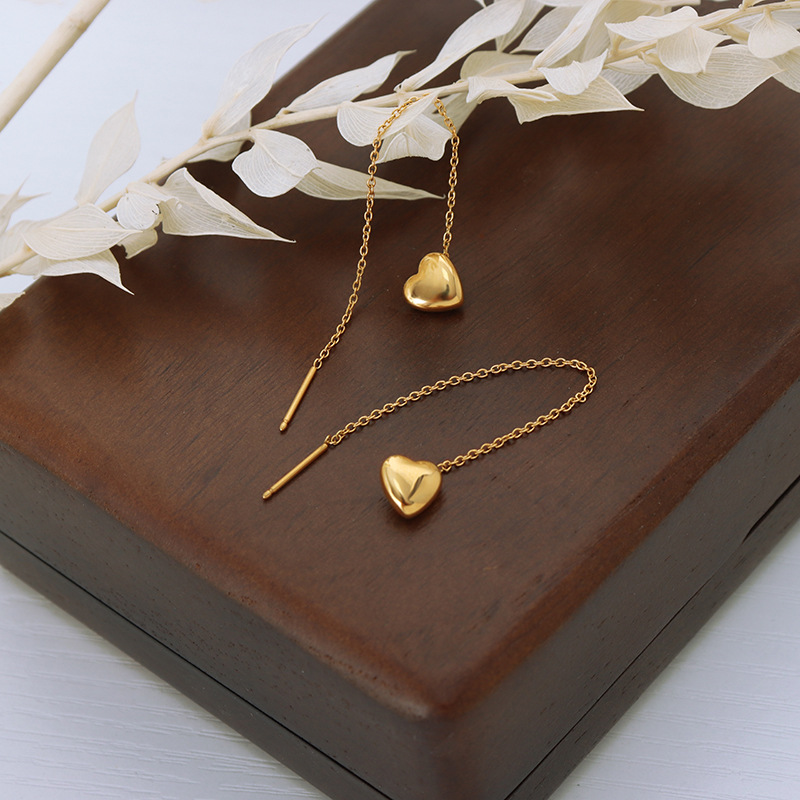 Heart Stud Earrings with Tassel Design Titanium Steel 18k PVD Gold Plated Chic Minimal Women Accessories - Image 2