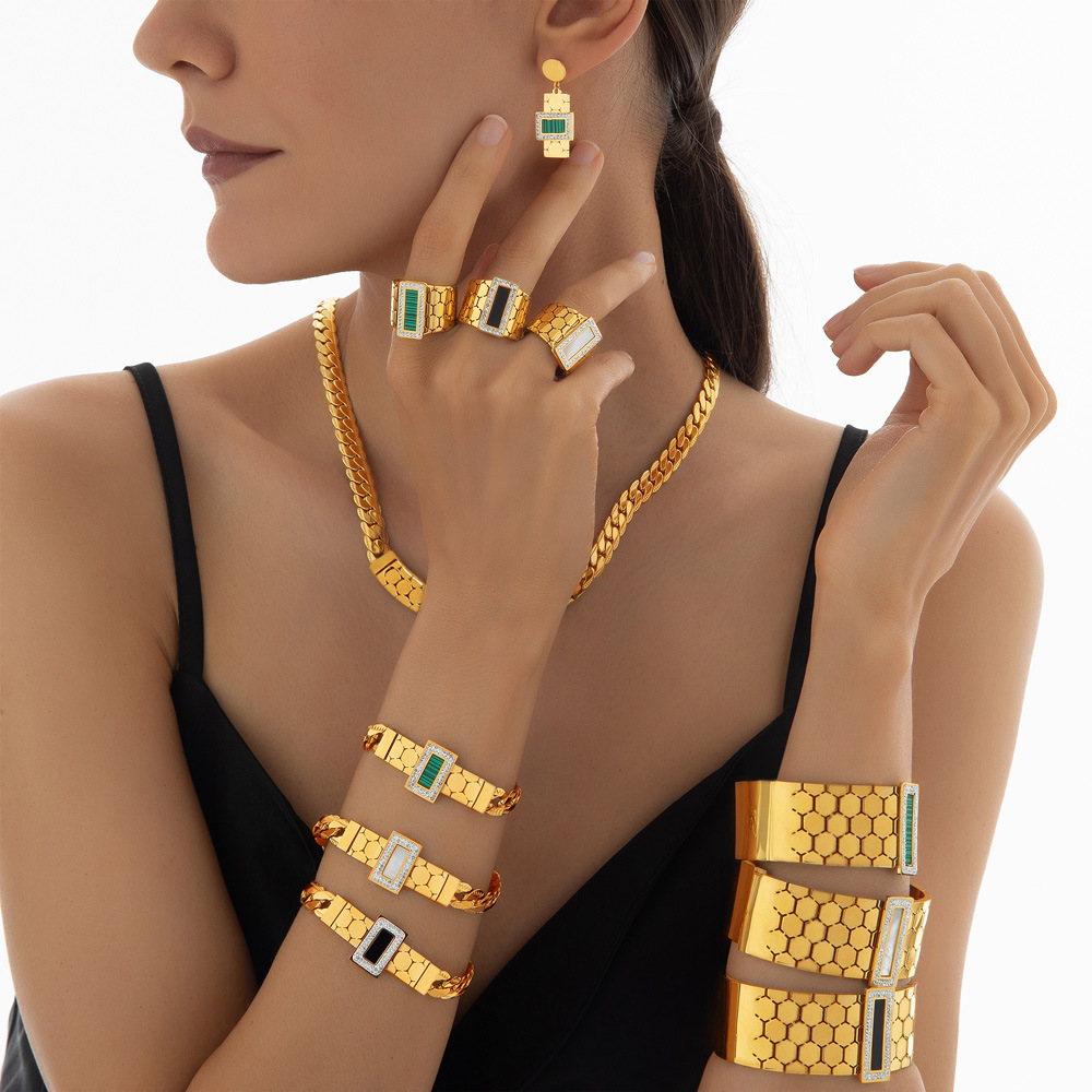 Honeycomb Geometric Earrings Titanium Steel 18k PVD Gold Plated French Luxury Style Women Jewelry Set - Image 3