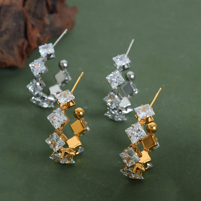 C-Shaped Earrings with Claw Set Sparkling Zircon Luxury 18K PVD Gold Plated Titanium Steel Jewelry for Women - Image 3