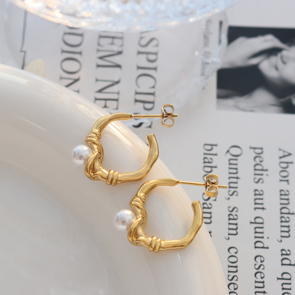 Retro Elegant Small Design Circular Knot Earrings with Faux Pearls Titanium Steel 18K PVD Gold Plated Studs for Women - Image 3