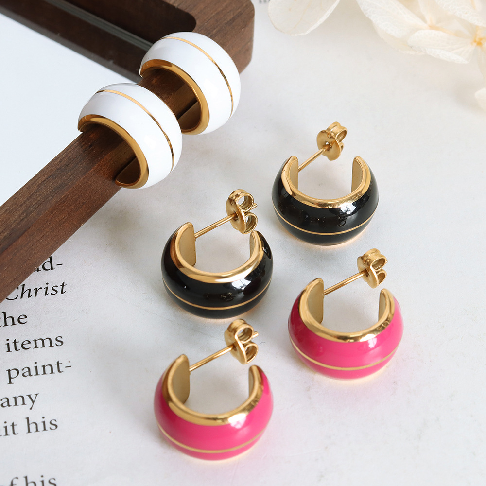 French-Inspired Luxury C-Shaped Enamel Earrings Stainless Steel 18K PVD Gold Plated Titanium Steel Earrings for Women - Image 3
