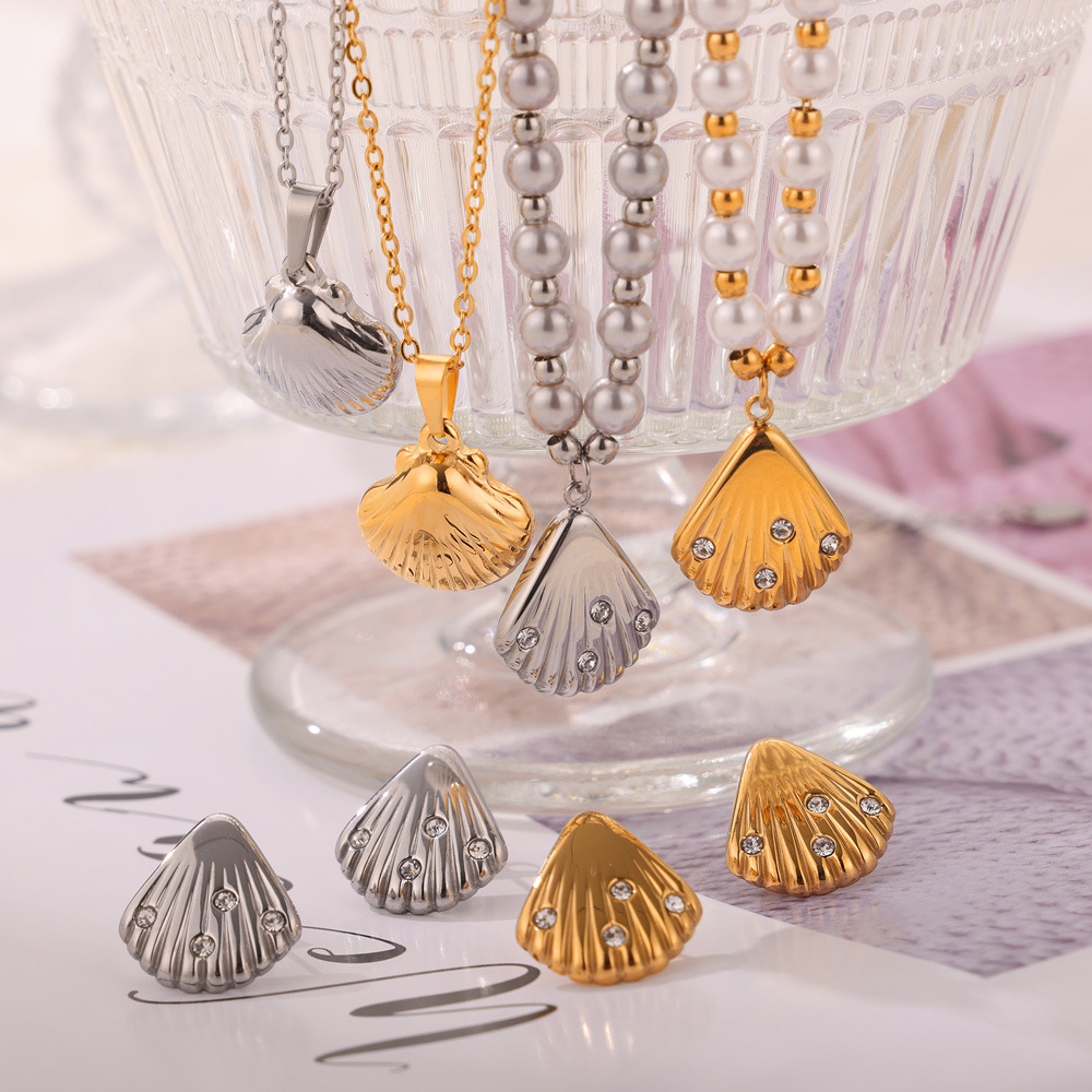 French-Inspired Casual Style Pendant Earrings Zircon Shell and Freshwater Pearl Titanium Steel Jewelry Set for Women - Image 3