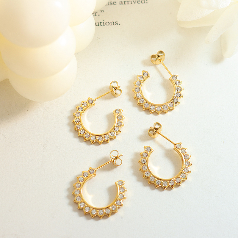 French Vintage INS Non-Fading Luxury Earrings with Zircon Inlaid C-Shaped Sunflower Design 18K PVD Gold Plated for Women - Image 3