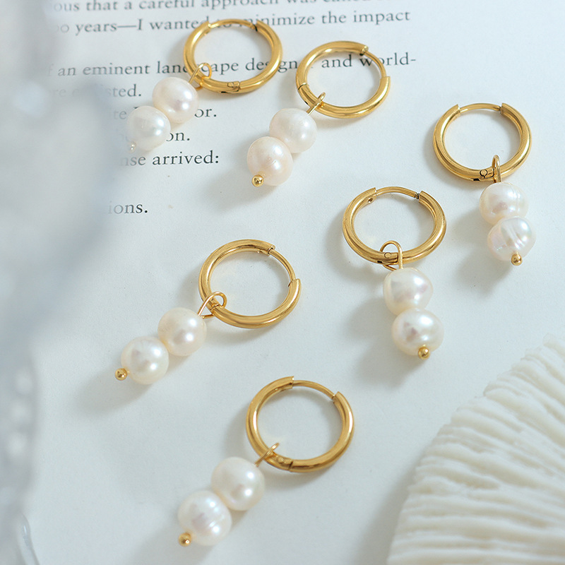 European Fashion INS Style Geometric U-Shaped Freshwater Pearl Pendant Earrings Titanium Steel 18K PVD Gold Plated Jewelry - Image 3