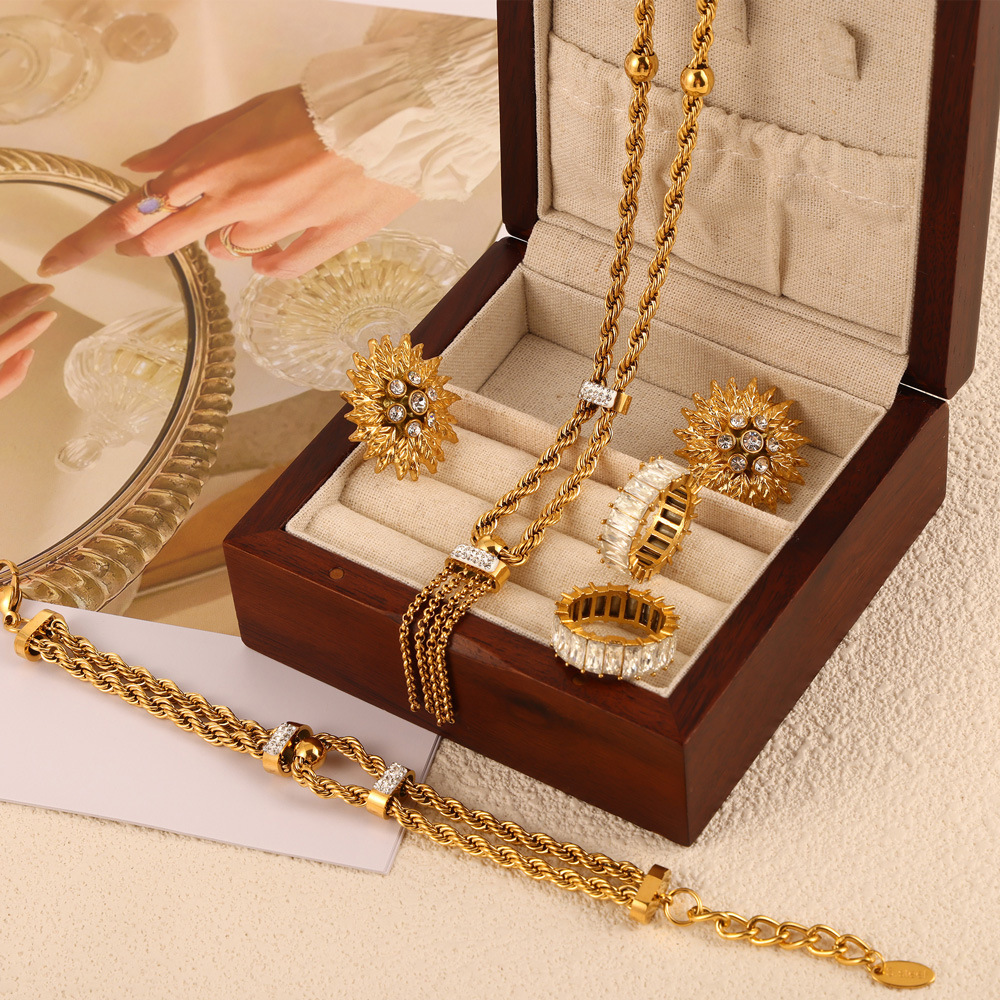 Minimalist Geometric Double Layer Braided Chain Earrings Titanium Steel 18K PVD Gold Plated Jewelry Set for Women - Image 3