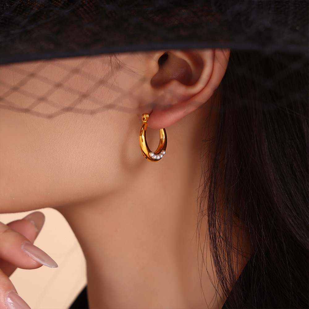 INS Style Geometric Pearl Imitation Open Hoop Earrings Titanium Steel 18K PVD Gold Plated Elegant Luxurious Non-Fade Earrings - Image 3