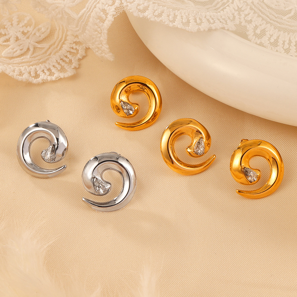 Japanese and Korean Style Unique Spiral Twisted Design Jewelry Minimalist CZ Inlaid Luxurious Titanium Steel Jewelry Set - Image 3