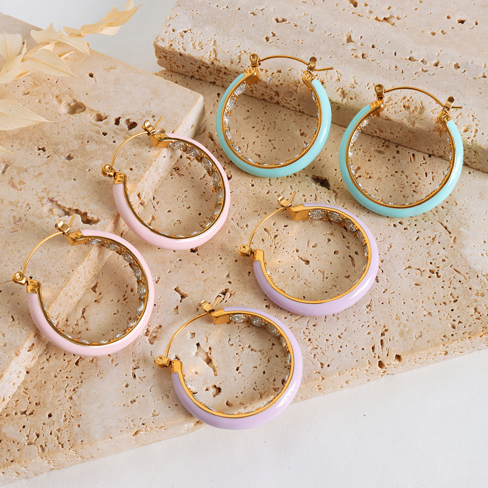 Bold Retro Colorful Enamel Titanium Steel Earrings with Zircon Inlay 18K PVD Gold Plated for Women - Image 3