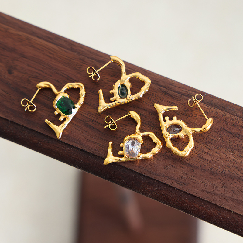 Bold Heart Shaped Earrings with Zircon Inlay Titanium Steel 18K PVD Gold Plated Creative Jewelry for Women - Image 3