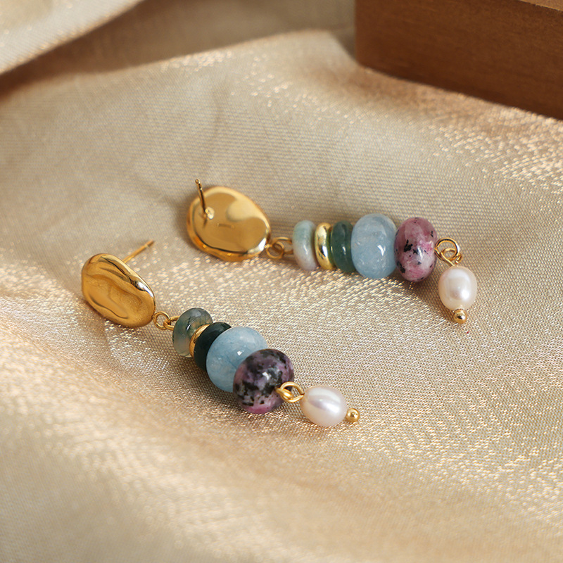 European and American Vintage Luxury Natural Stone Handmade Beaded Long Freshwater Pearl Pendant Earrings for Women - Image 3