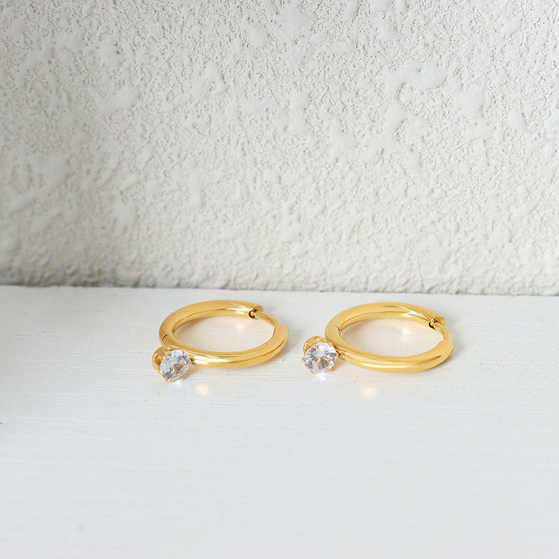 Delicate Small Chic Earrings with Zircon Inlay Titanium Steel 18K PVD Gold Plated Thin Hoop Earrings F437 - Image 3