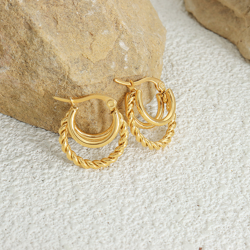 Simple Geometric C-Shape Earrings Titanium Steel 18K PVD Gold Plated Non-Fading with Twisted Link Design for Women - Image 3