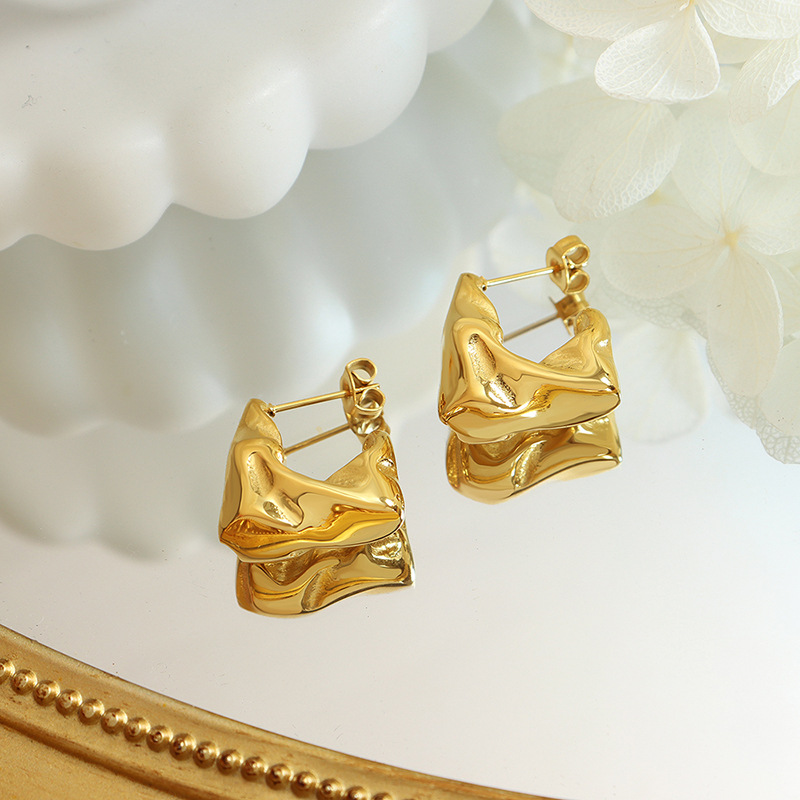 Titanium Steel 18K PVD Gold Plated Irregular Geometric Texture Earrings Unique Neutral Design for Wholesale - Image 3