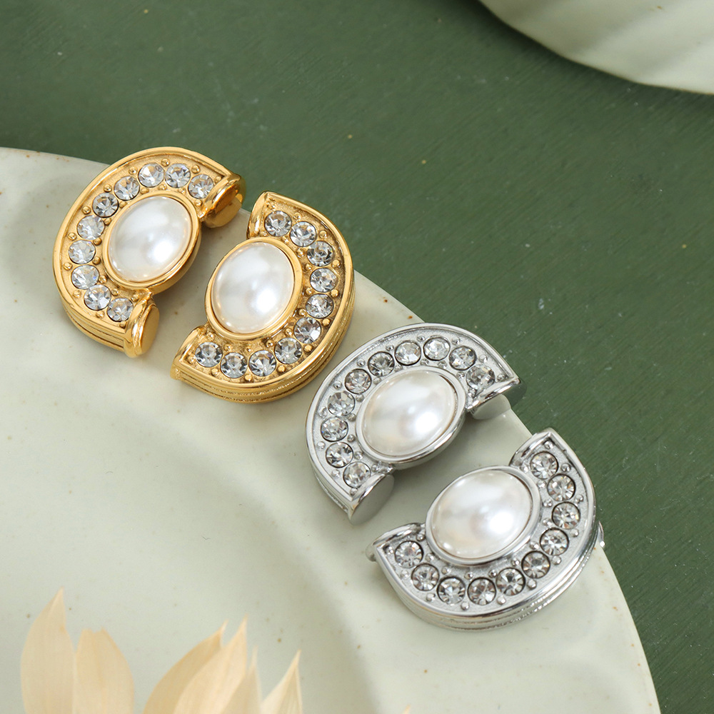 French Glamorous CZ Inlay Letter C-Shape Earrings Titanium Steel 18K PVD Gold Plated Geometric Design for Women - Image 3