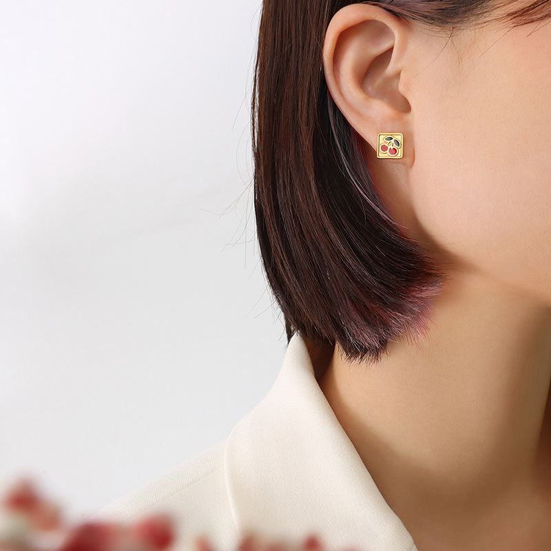 European Geometric Cherry Earrings Stainless Steel 18k PVD Gold Plated Minimalist weight Jewelry for Women - Image 3