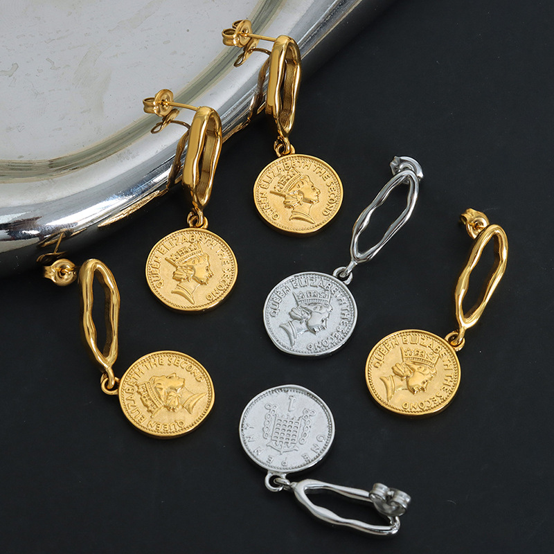 French Retro Unique Geometric B Round Coin Pendant Luxury Titanium Steel 18K PVD Gold Plated Earrings for Women - Image 3