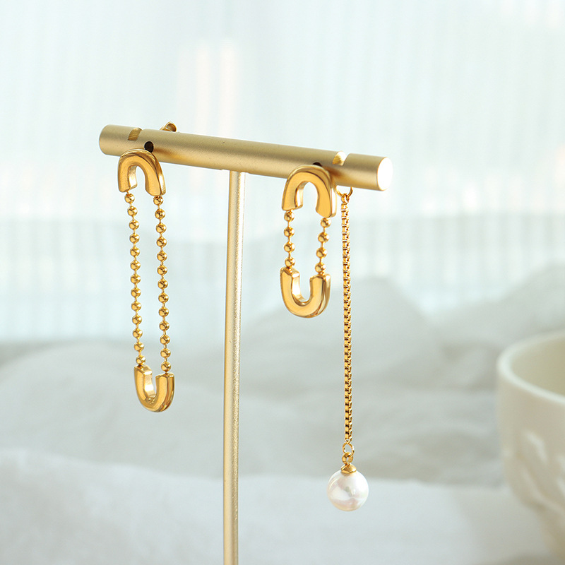 Korean Unbalanced Exaggerated Design Titanium Steel 18K PVD Gold Plated Tassel Imitation Pearl Pendant Brooch Earrings - Image 3