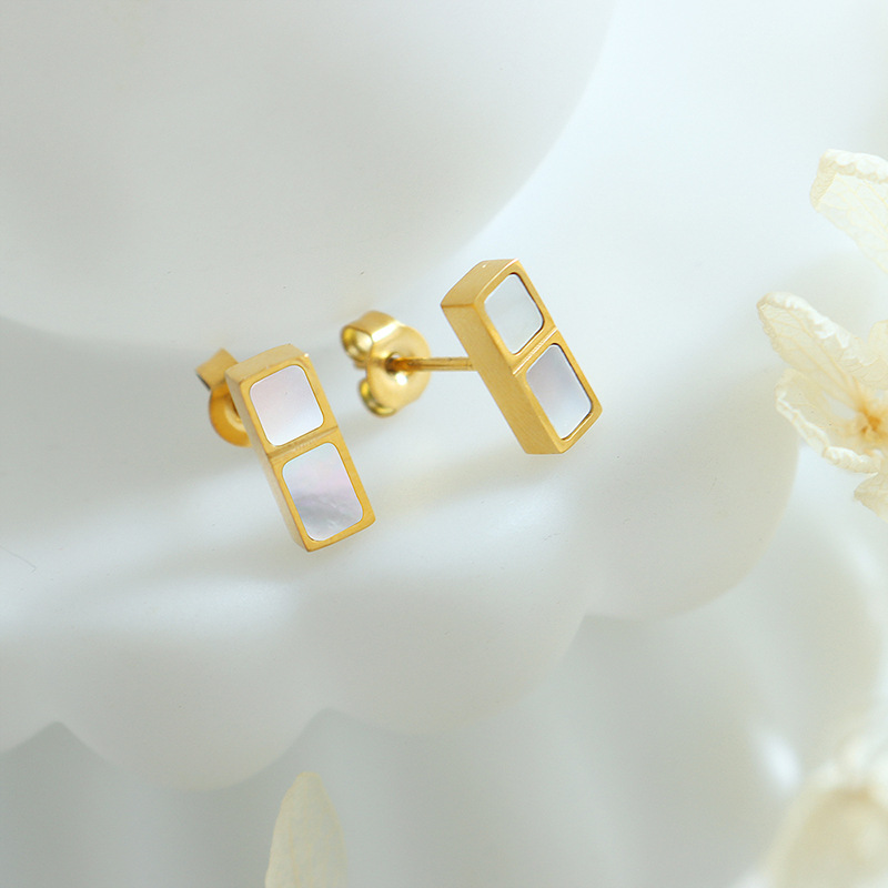 Unique Small Square White Shell Earrings Ins Style Fashionable and Versatile Titanium Steel 18K PVD Gold Plated Ear Studs - Image 3