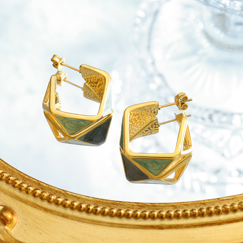 Geometric Enamel Drip Oil Spring Earrings Non-Fading Elegant and Unique Jewelry for Women with 18K PVD Gold Plated - Image 3