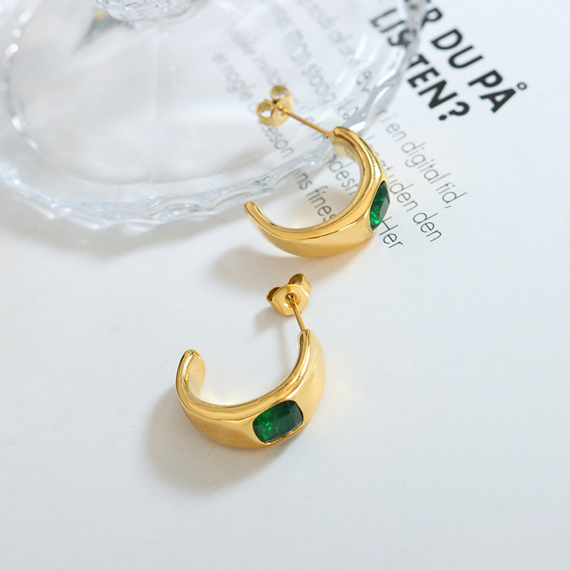 Unique C-Shaped Earrings with Green Zircon Inlay Titanium Steel 18K PVD Gold Plated Elegant Fashionable Jewelry for Women - Image 3