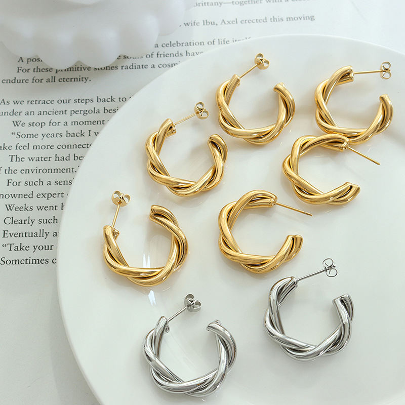 European Twisted Knot C-Shape Earrings 18k PVD Gold Plated Stainless Steel Minimalist Jewelry for Women - Image 3