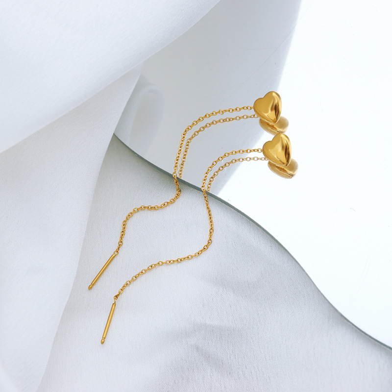 Heart Stud Earrings with Tassel Design Titanium Steel 18k PVD Gold Plated Chic Minimal Women Accessories - Image 3