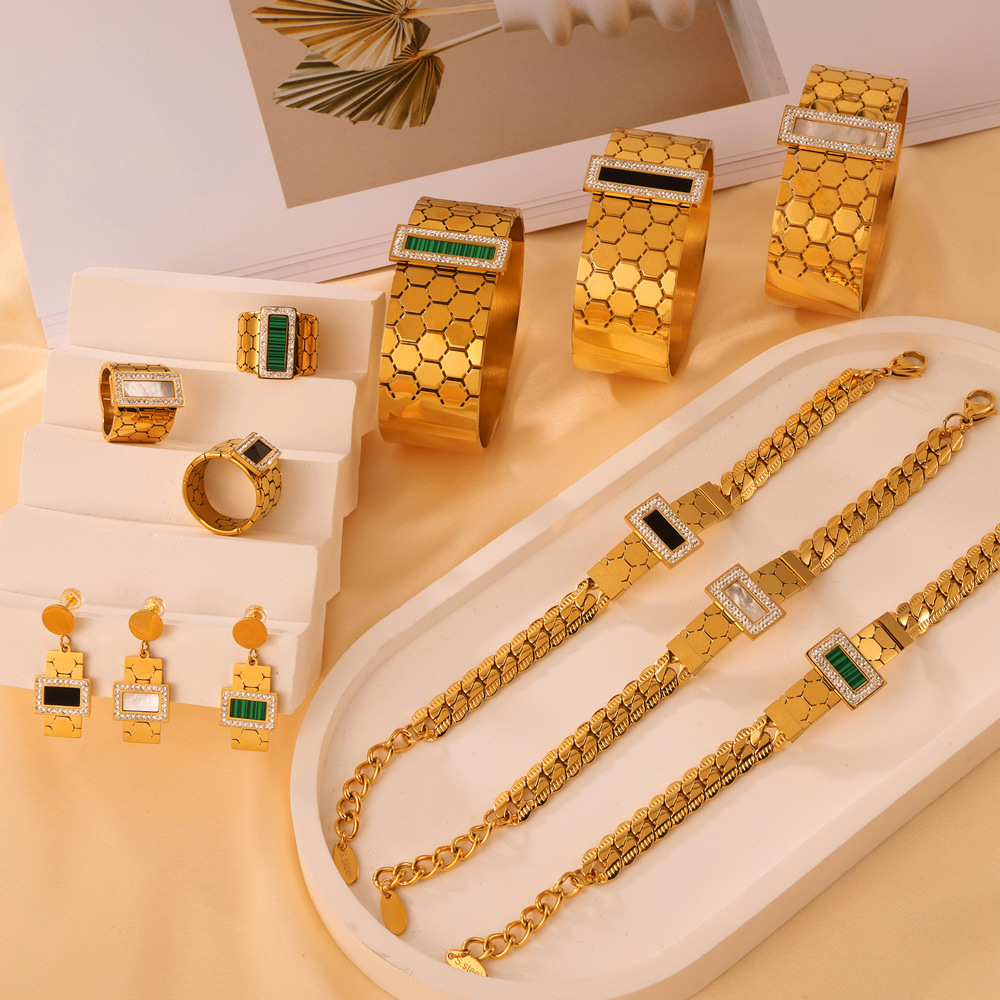 Honeycomb Geometric Earrings Titanium Steel 18k PVD Gold Plated French Luxury Style Women Jewelry Set - Image 4