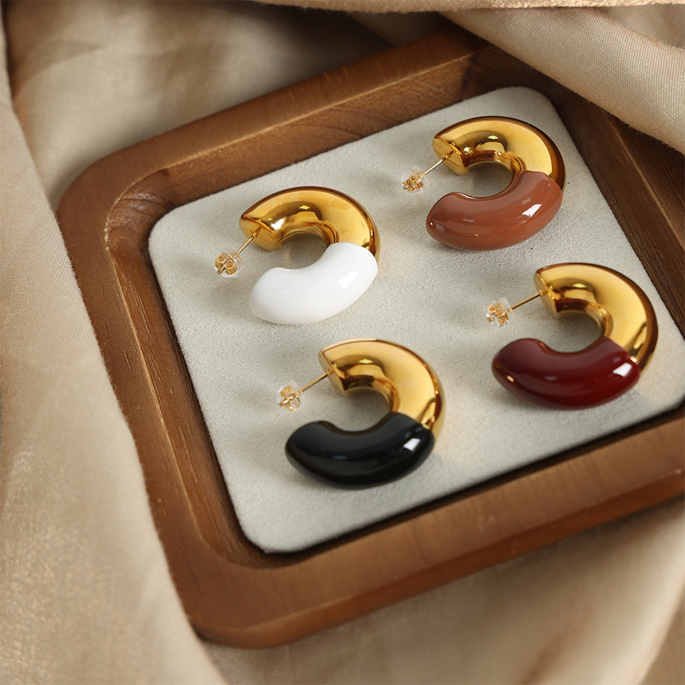 Colorful Enamel C Earrings Titanium Steel 18k PVD Gold Plated French Retro Women Jewelry - Image 3