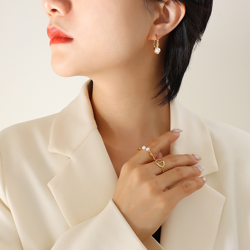 Retro Elegant Small Design Circular Knot Earrings with Faux Pearls Titanium Steel 18K PVD Gold Plated Studs for Women - Image 4