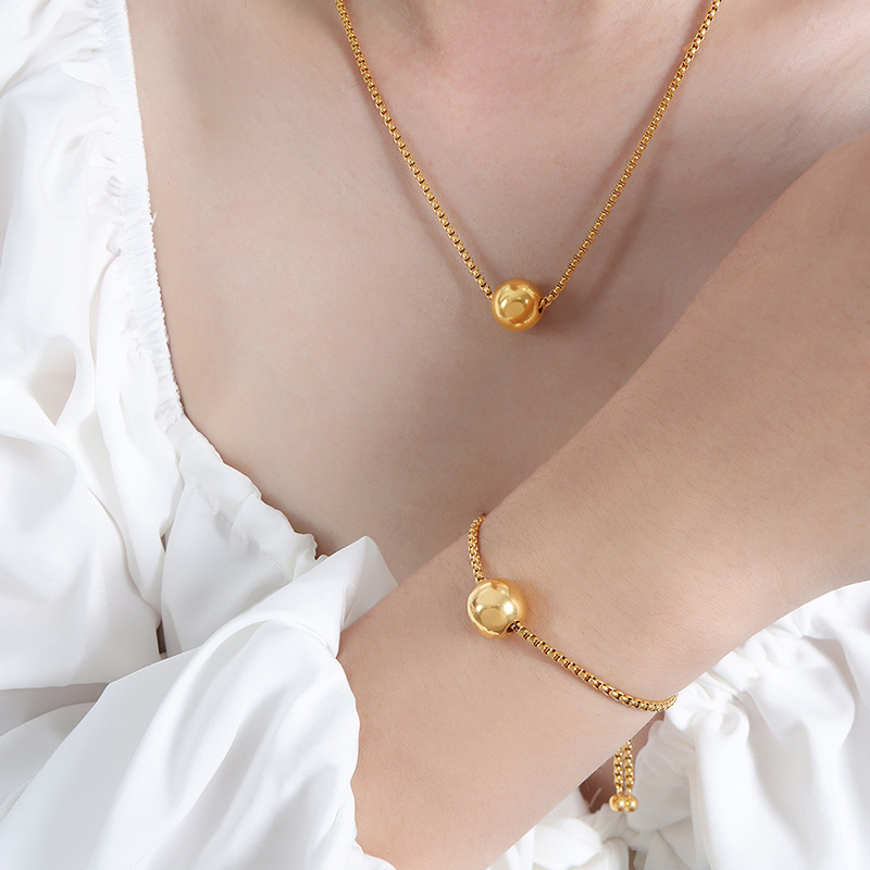 Minimalist Chic Jewelry Set with Steel Bead Pendant and Box Chain Design Casual Titanium Steel 18K PVD Gold Plated - Image 4