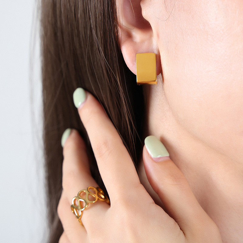 Fashion Commuting Unique Versatile Earrings European Metal Geometric 3D Square Stylish Large Earrings 18K PVD Gold Plated - Image 4
