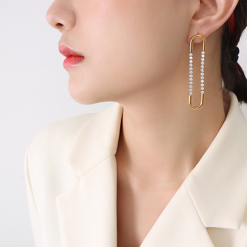 French Choker Exaggerated U-Shaped Earrings with Zircon Inlaid Design Titanium Steel 18K PVD Gold Plated Jewelry for Women - Image 4