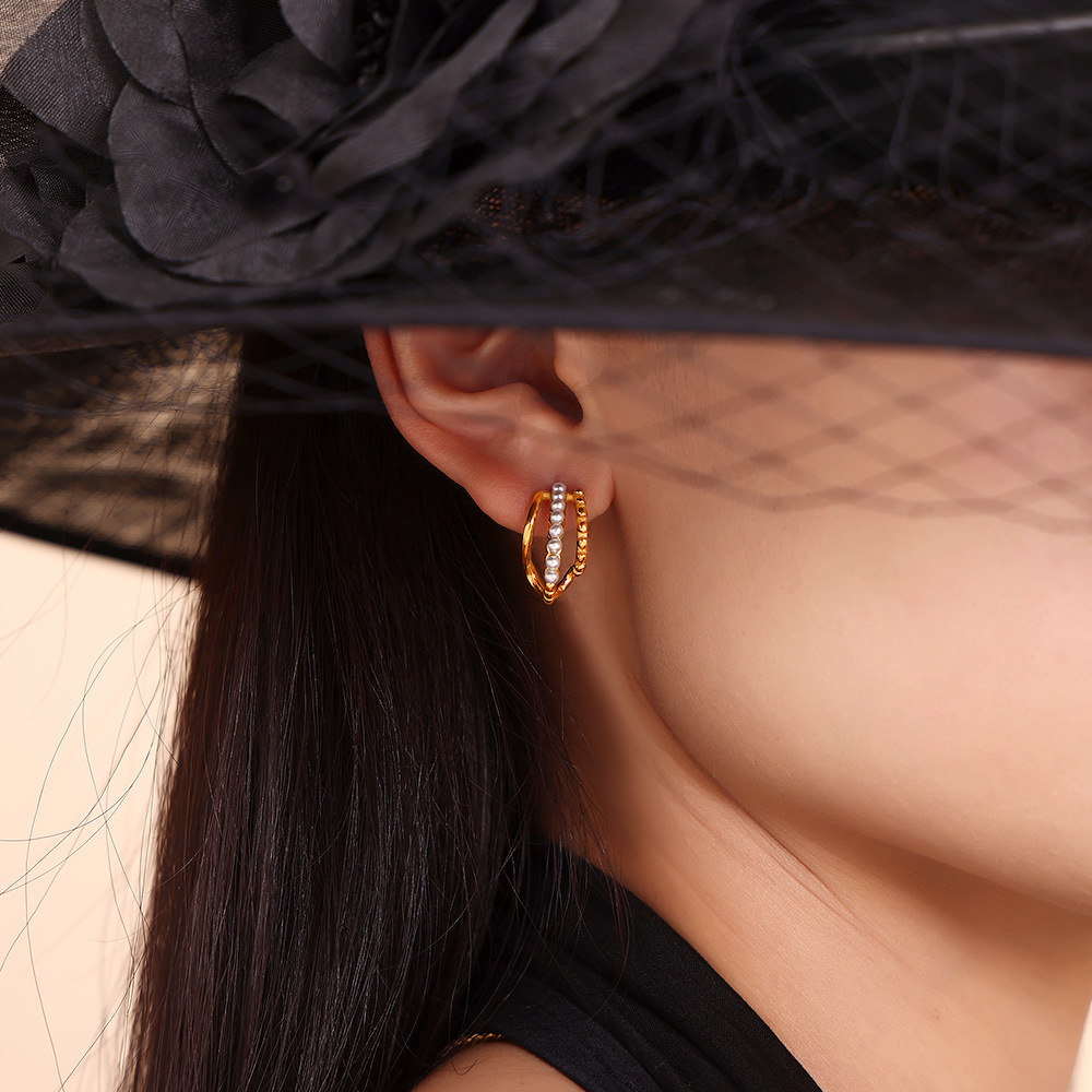 French Luxury Style Earrings Stainless Steel 18K PVD Gold Plated Geometric Irregular Imitation Pearl Multi-Layer Hollow Vintage Earrings - Image 4